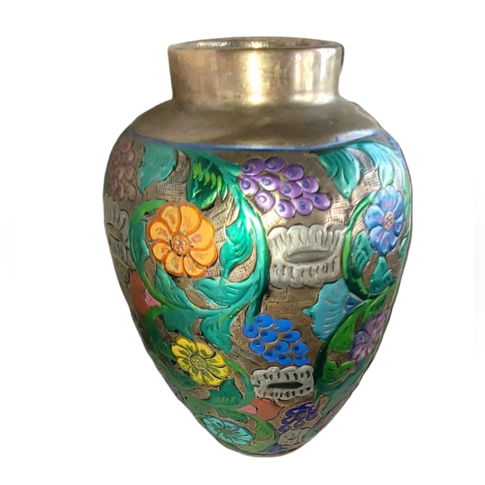 Vintage Brass Vase Large Hand Painted & Etched